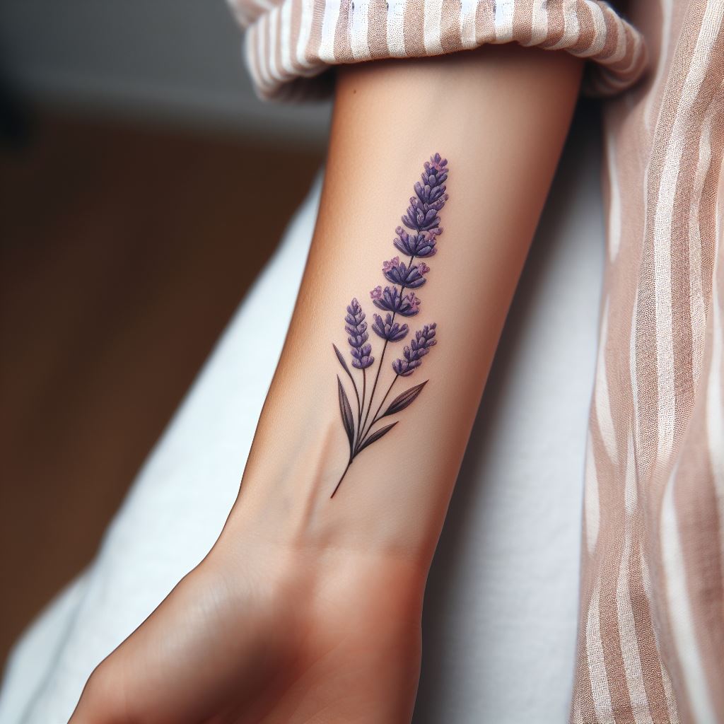 A tiny, realistic lavender sprig tattoo, placed along the inside of a woman's forearm. The lavender should be depicted with accurate colors and details, symbolizing calmness and serenity. The tattoo should be small and delicate, offering a touch of nature's tranquility.