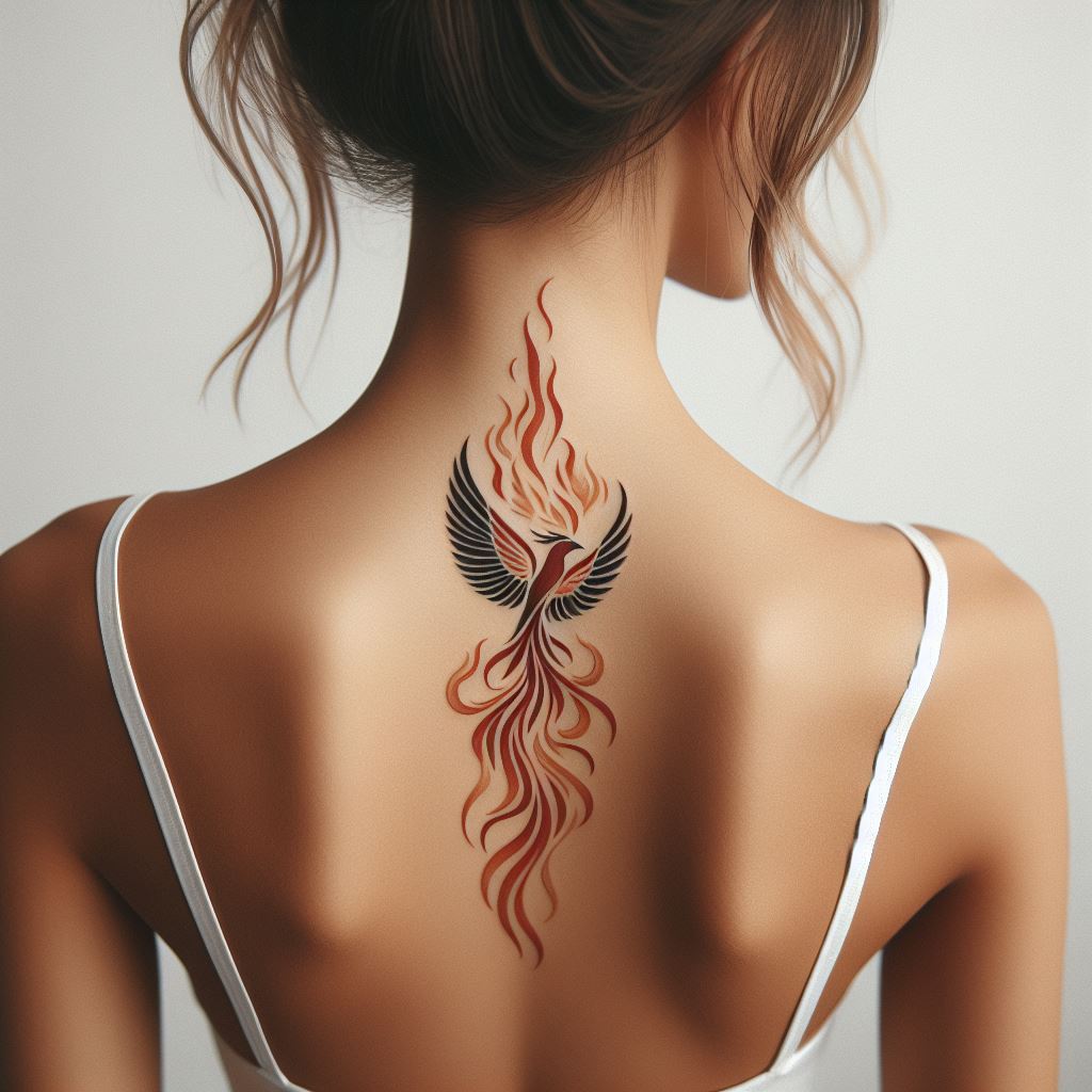 A small, elegant phoenix rising from flames tattoo, positioned on the back of a woman's neck. The phoenix should be depicted in mid-flight, with its wings gracefully arched upwards. The design should be minimalist, using shades of orange, red, and gold to symbolize rebirth and resilience.