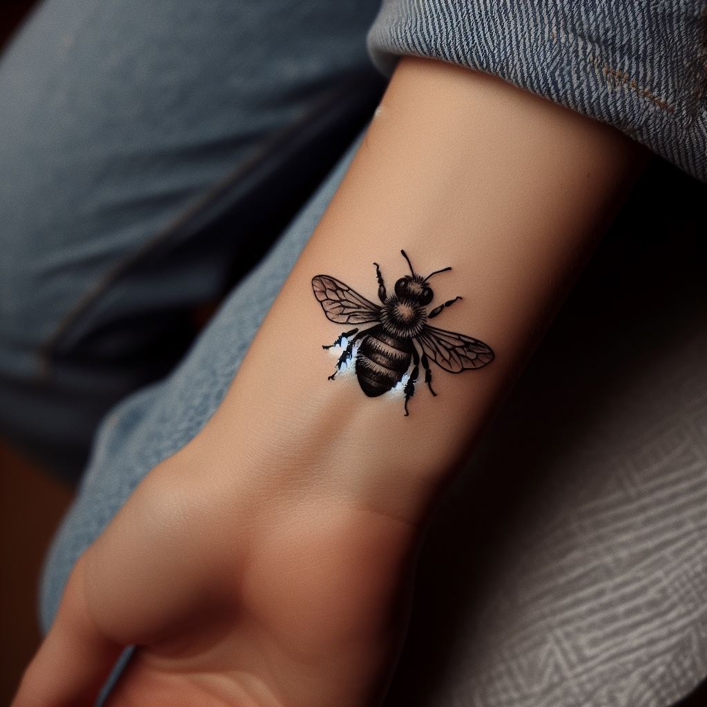 A tiny, detailed bee tattoo located on the side of a woman's wrist. The bee should be illustrated with precision, showcasing its wings and body structure in a lifelike manner. The tattoo represents hard work, community, and the sweetness of life, and should be small enough to be a subtle yet powerful statement.