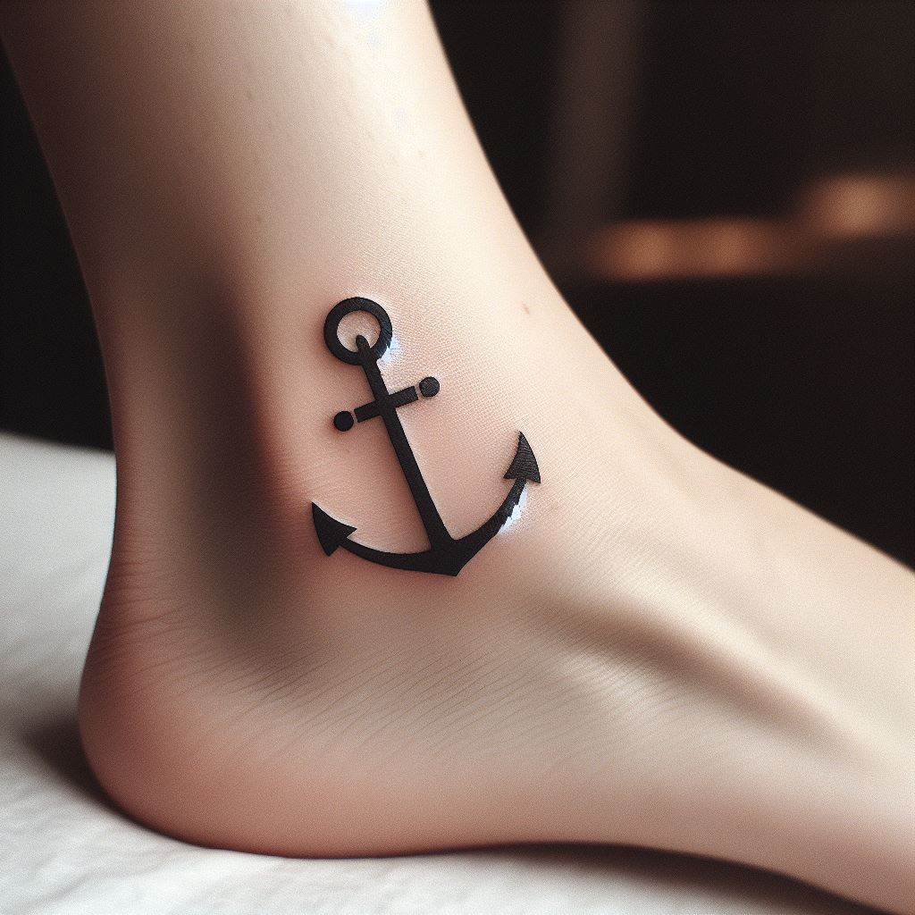 A small, minimalist anchor tattoo on the inner side of a woman's ankle. The anchor should be designed with clean lines and a simple silhouette, symbolizing stability and groundedness. This tattoo should be discreet, serving as a personal reminder of staying true to one's values.