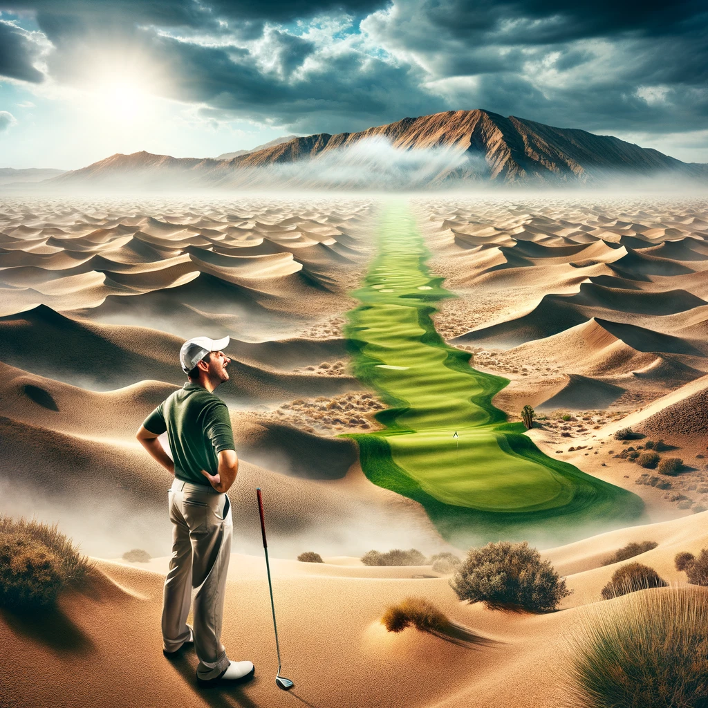A frustrated golfer stands in the rough, squinting towards the fairway, which appears as a distant, lush paradise surrounded by desert-like rough. The scene is humorously captioned with the golfer's envious gaze towards the mirage-like fairway, symbolizing the elusive perfection of a well-placed shot. This image captures the golfer's longing for the fairway, often seen as an oasis of opportunity amidst the challenging terrain of the course, playing on the feeling of being so close yet so far from the ideal path.