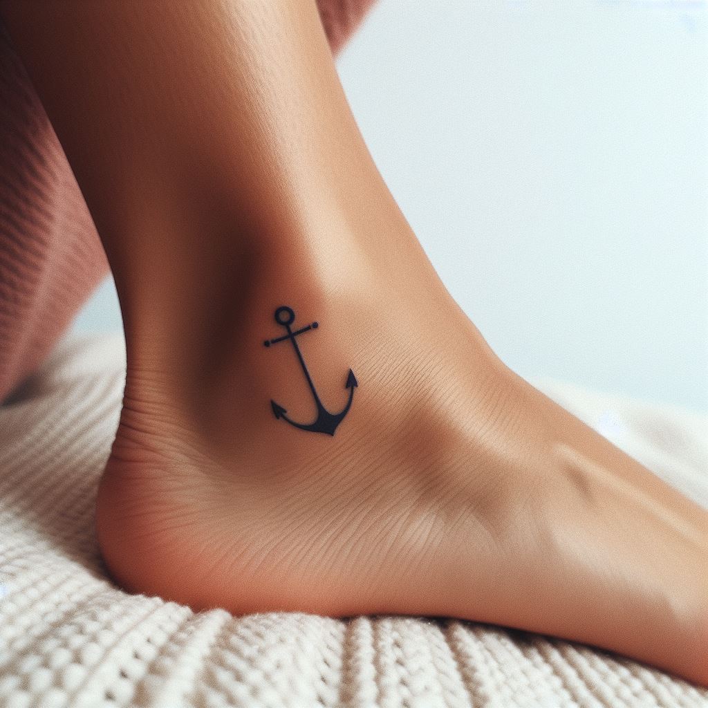 A small, minimalist anchor tattoo on the inner side of a woman's ankle. The anchor should be designed with clean lines and a simple silhouette, symbolizing stability and groundedness. This tattoo should be discreet, serving as a personal reminder of staying true to one's values.