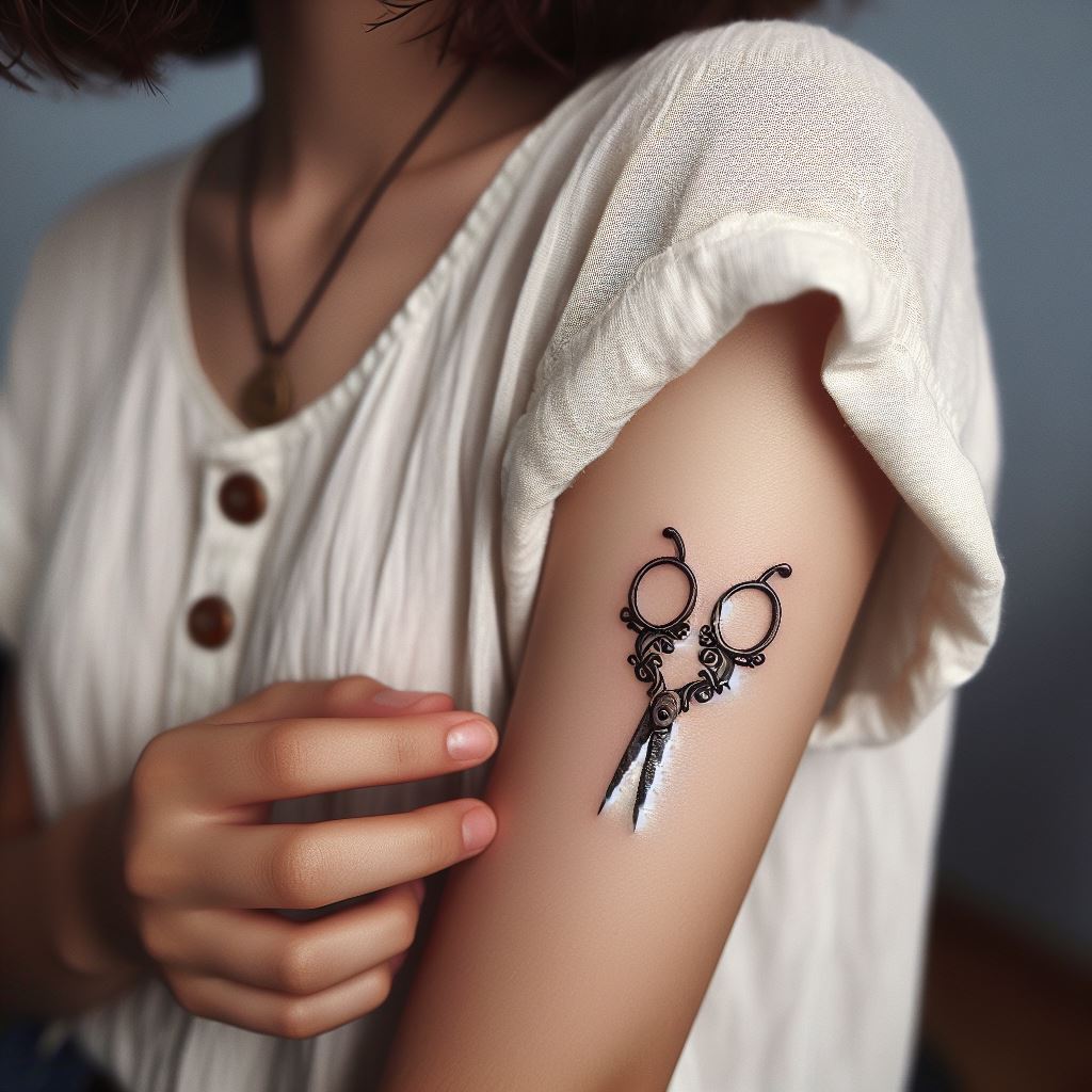 A tiny pair of scissors tattoo, placed just above the outer elbow on a woman's arm. The scissors should be depicted in a vintage style, with intricate details on the handles, representing creativity and the art of crafting. The tattoo should be small, yet detailed, appealing to those with a passion for art and design.