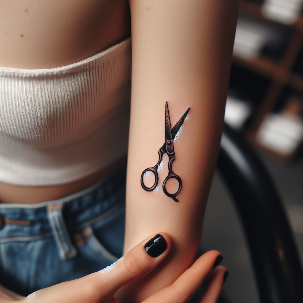 A tiny pair of scissors tattoo, placed just above the outer elbow on a woman's arm. The scissors should be depicted in a vintage style, with intricate details on the handles, representing creativity and the art of crafting. The tattoo should be small, yet detailed, appealing to those with a passion for art and design.