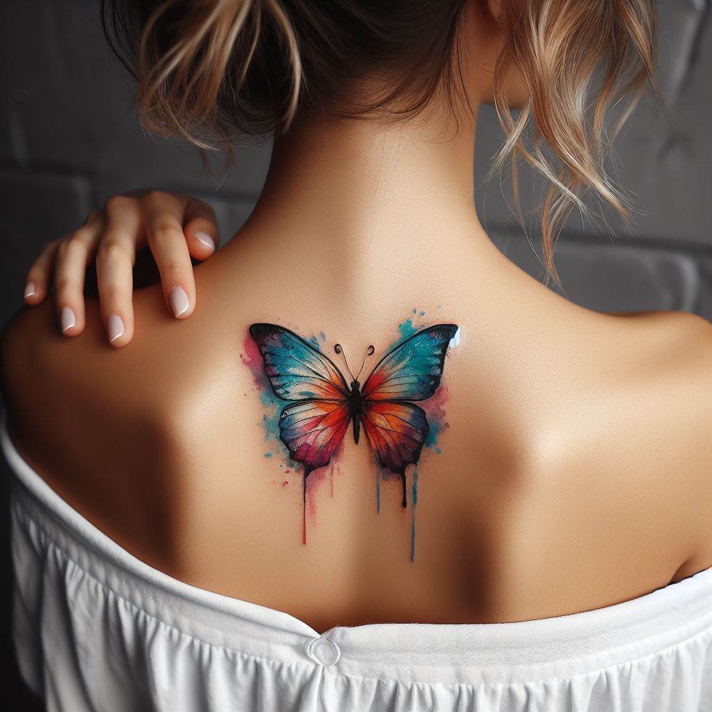 A small, watercolor-style butterfly tattoo, located on the back of a woman's shoulder. The butterfly should be colorful, with a blend of vibrant hues that transition smoothly to mimic the effect of watercolor paint. This tattoo symbolizes transformation and freedom, and should be both delicate and visually striking.