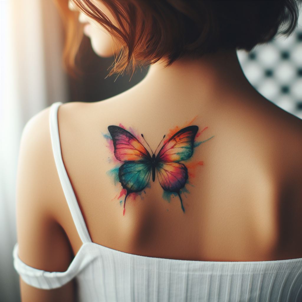 A small, watercolor-style butterfly tattoo, located on the back of a woman's shoulder. The butterfly should be colorful, with a blend of vibrant hues that transition smoothly to mimic the effect of watercolor paint. This tattoo symbolizes transformation and freedom, and should be both delicate and visually striking.