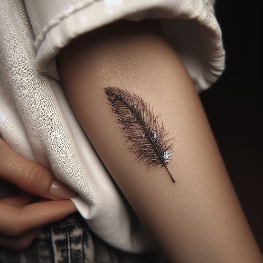 A tiny, realistic feather tattoo, positioned on the inside of a woman's forearm. The feather should be detailed with fine lines and shading, capturing its delicate texture. Symbolizing lightness and the ability to overcome obstacles, this tattoo should be subtle in size but rich in detail.