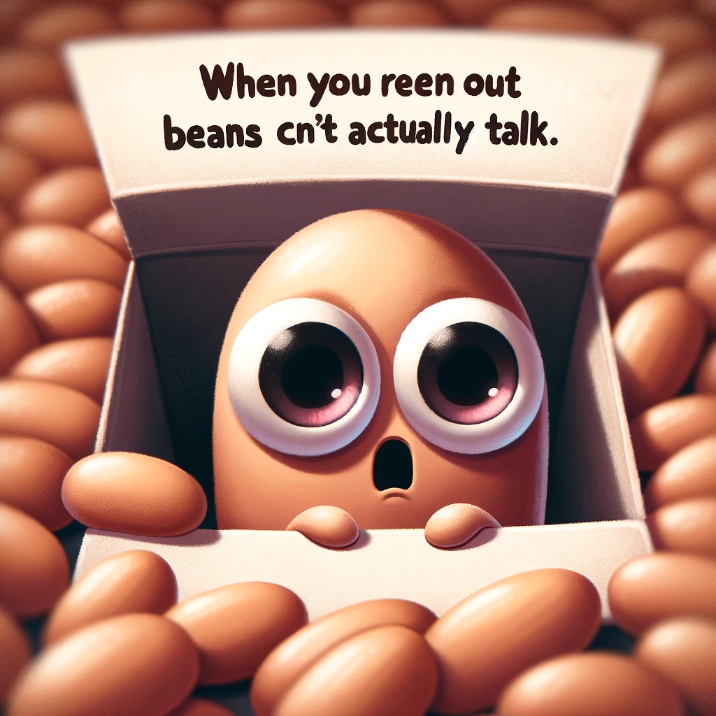 A cartoon bean looking surprised with wide eyes, captioned 'When you find out beans can't actually talk.'