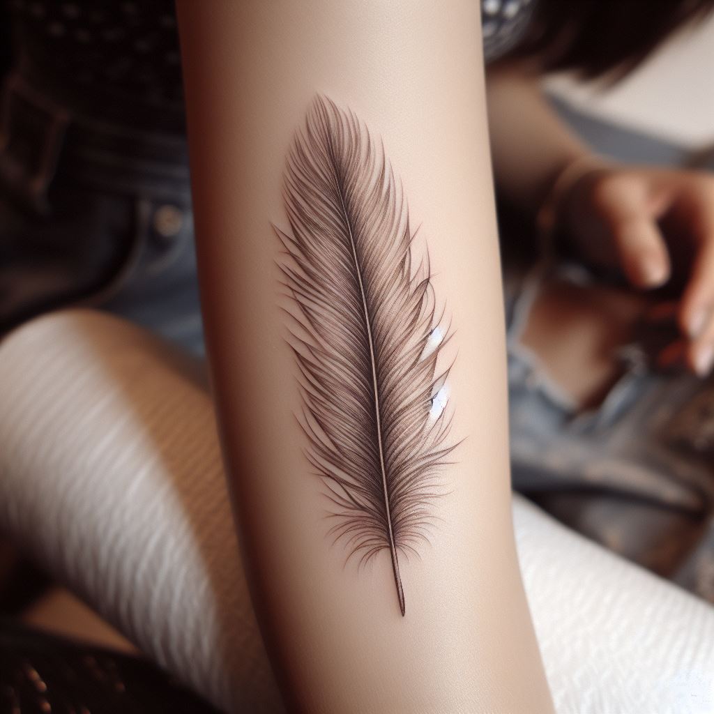 A tiny, realistic feather tattoo, positioned on the inside of a woman's forearm. The feather should be detailed with fine lines and shading, capturing its delicate texture. Symbolizing lightness and the ability to overcome obstacles, this tattoo should be subtle in size but rich in detail.