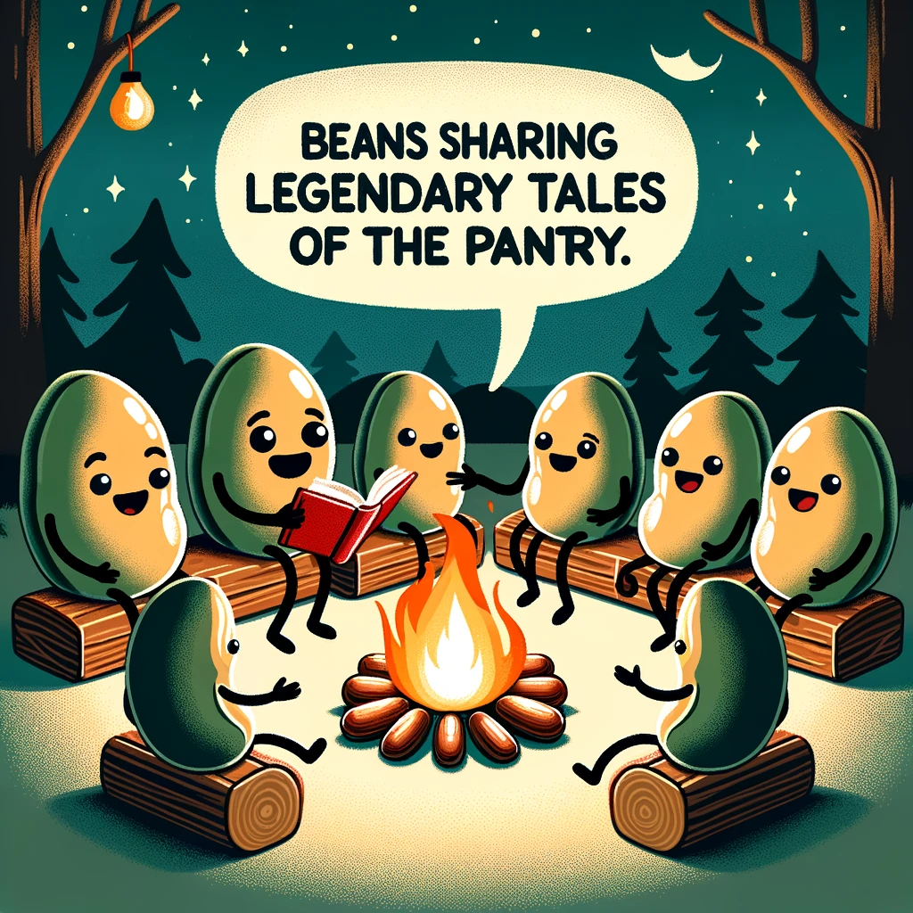 A group of cartoon beans sitting around a campfire, one of them telling stories, with a caption 'Beans sharing legendary tales of the pantry.'