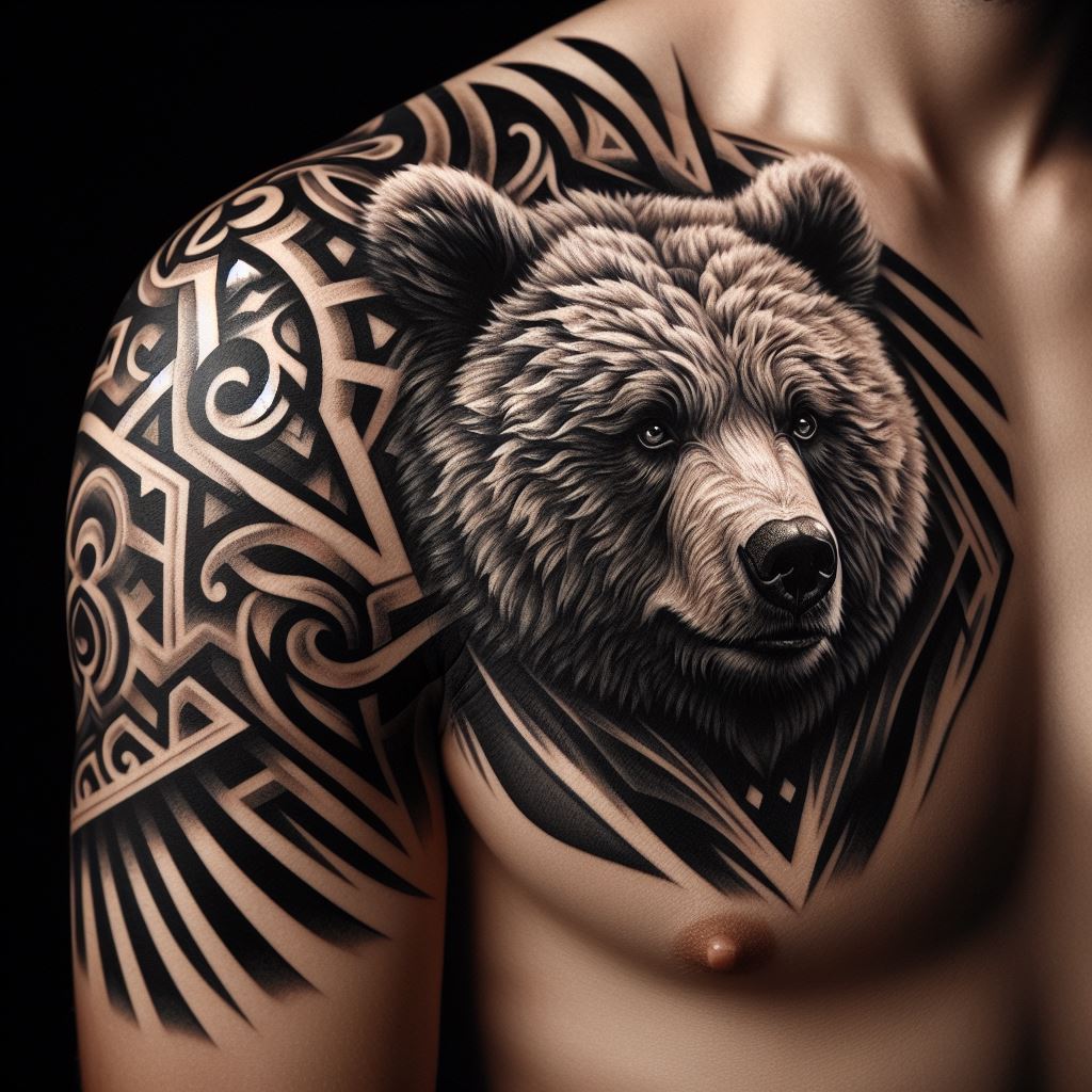 A tattoo featuring a fierce bear's face on the shoulder, with its eyes full of wisdom and strength. The bear's fur merges seamlessly into tribal patterns that drape over the shoulder and upper arm, symbolizing courage and protection. The design utilizes bold lines and contrasting shadows to highlight the bear's features and the intricate tribal designs, creating a striking visual impact.