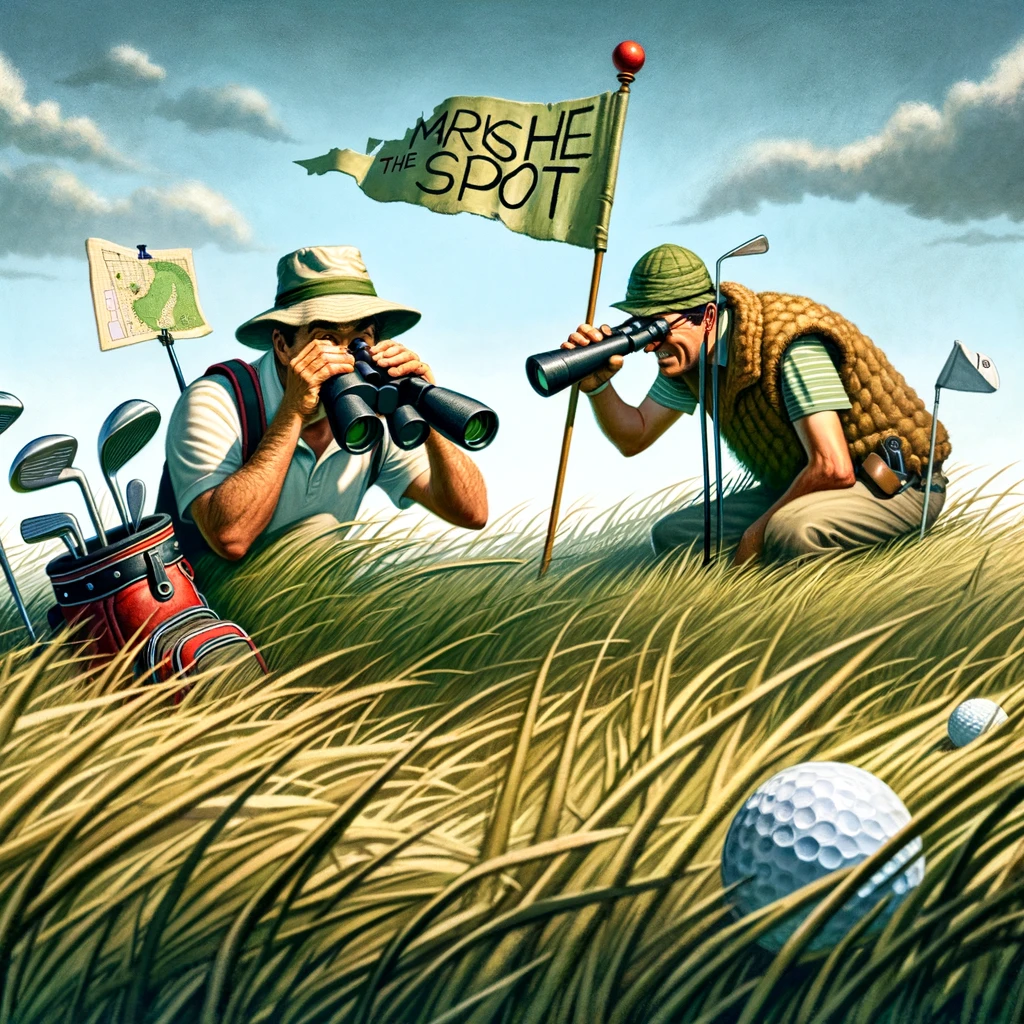 A golfer and their caddie, equipped with binoculars, a map, and an "X marks the spot" flag, are humorously depicted searching for a lost ball in tall grass. The scene captures the exaggerated lengths golfers go to in retrieving their lost balls, turning the search into a treasure hunt. The image plays on the frustration and determination involved in finding a golf ball, emphasizing the comedic side of this all-too-common scenario on the golf course, with the golfer and caddie shown as intrepid explorers in the wilderness of the course.