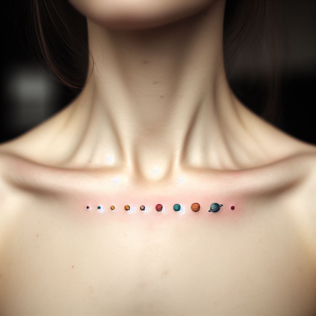 A dainty solar system tattoo, each planet represented by a tiny dot of varying sizes and colors, aligned in a neat row along the collarbone. This celestial design should subtly incorporate the vibrant hues of the planets against the skin, symbolizing the vastness of the universe and a curiosity for the cosmos.