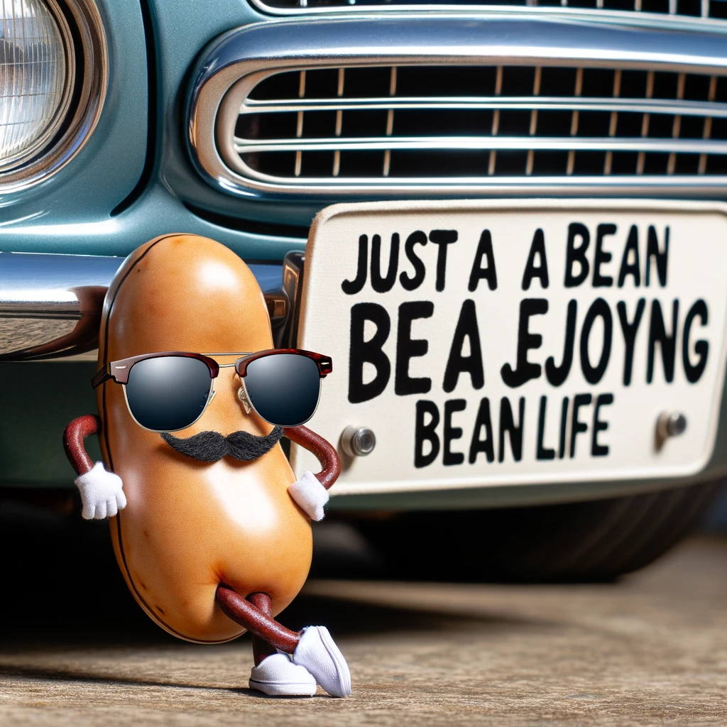A bean wearing sunglasses and leaning against a cool car, with a caption that reads 'Just a bean enjoying the bean life.'