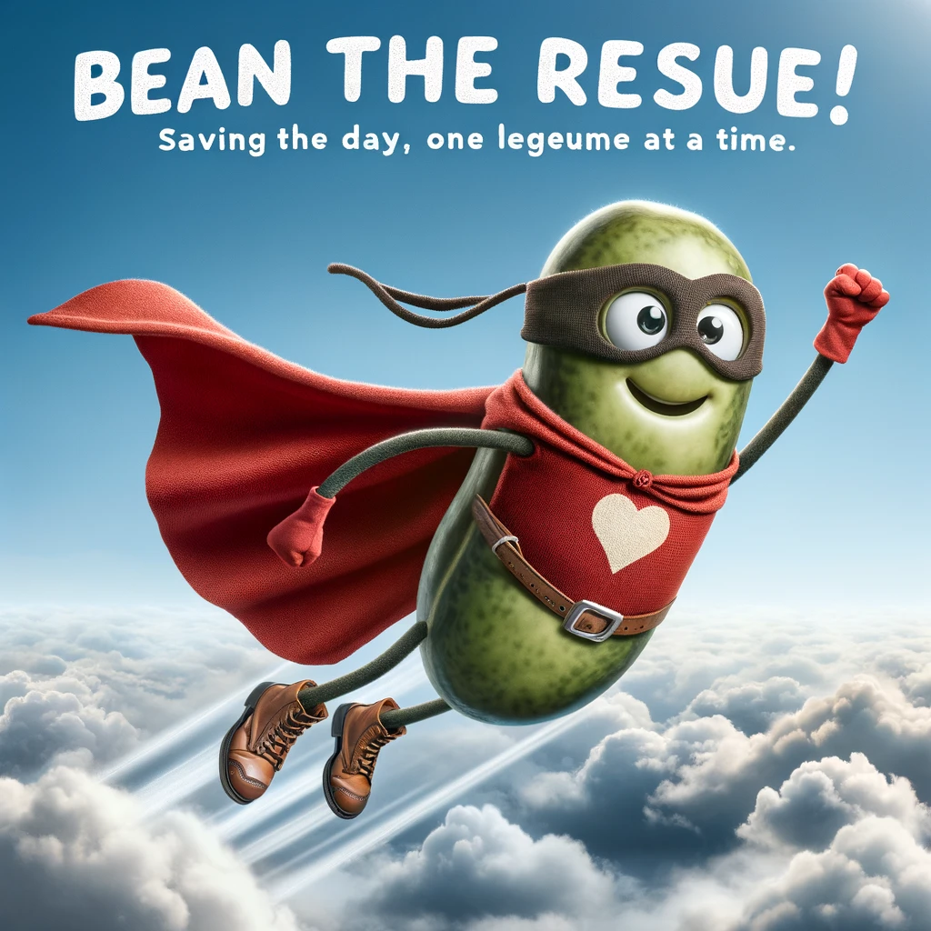 A bean dressed as a superhero flying through the sky, captioned 'Bean to the rescue! Saving the day, one legume at a time.'