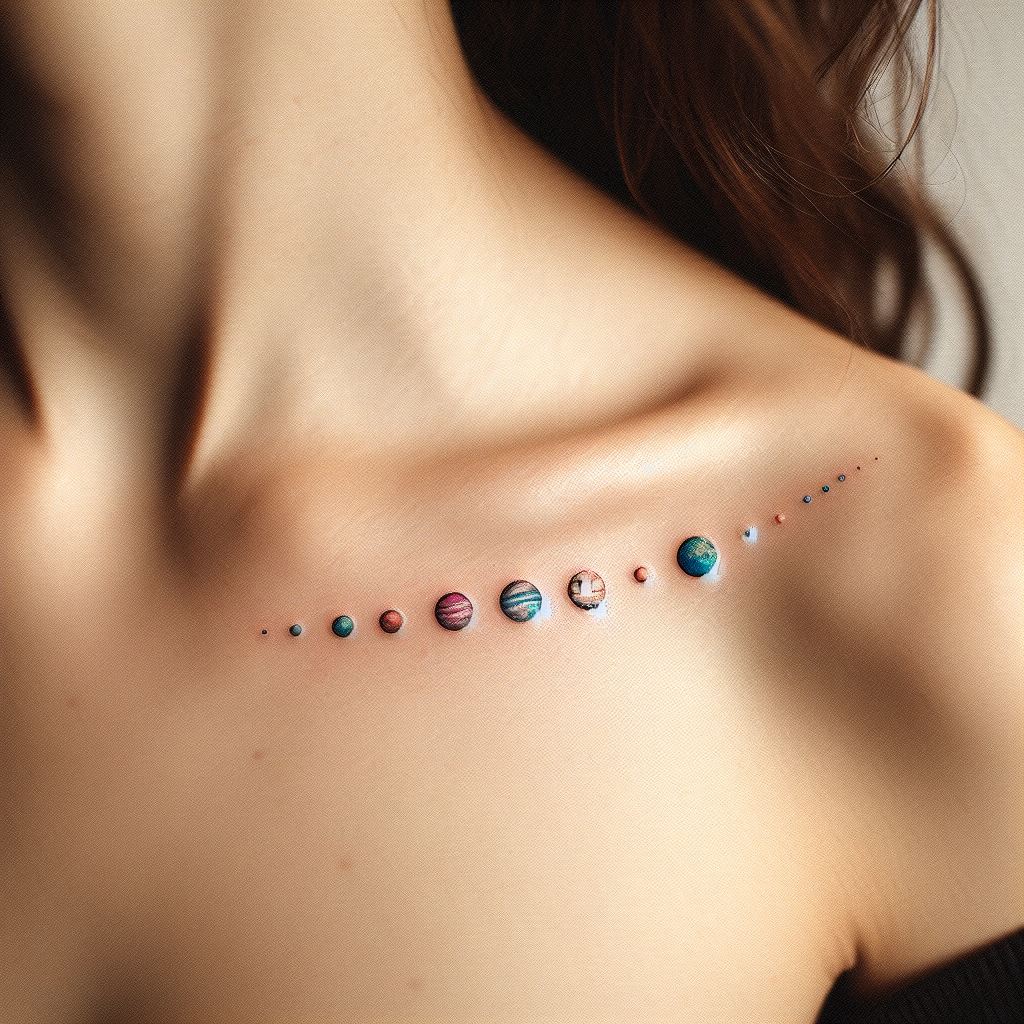 A dainty solar system tattoo, each planet represented by a tiny dot of varying sizes and colors, aligned in a neat row along the collarbone. This celestial design should subtly incorporate the vibrant hues of the planets against the skin, symbolizing the vastness of the universe and a curiosity for the cosmos.