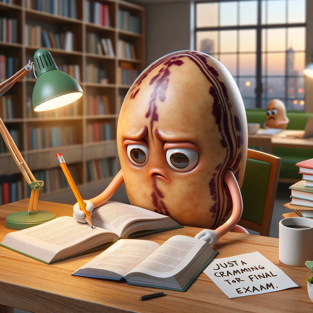A bean sitting at a desk, studying hard with books open and a lamp on, captioned 'Just a bean cramming for the final exam.'