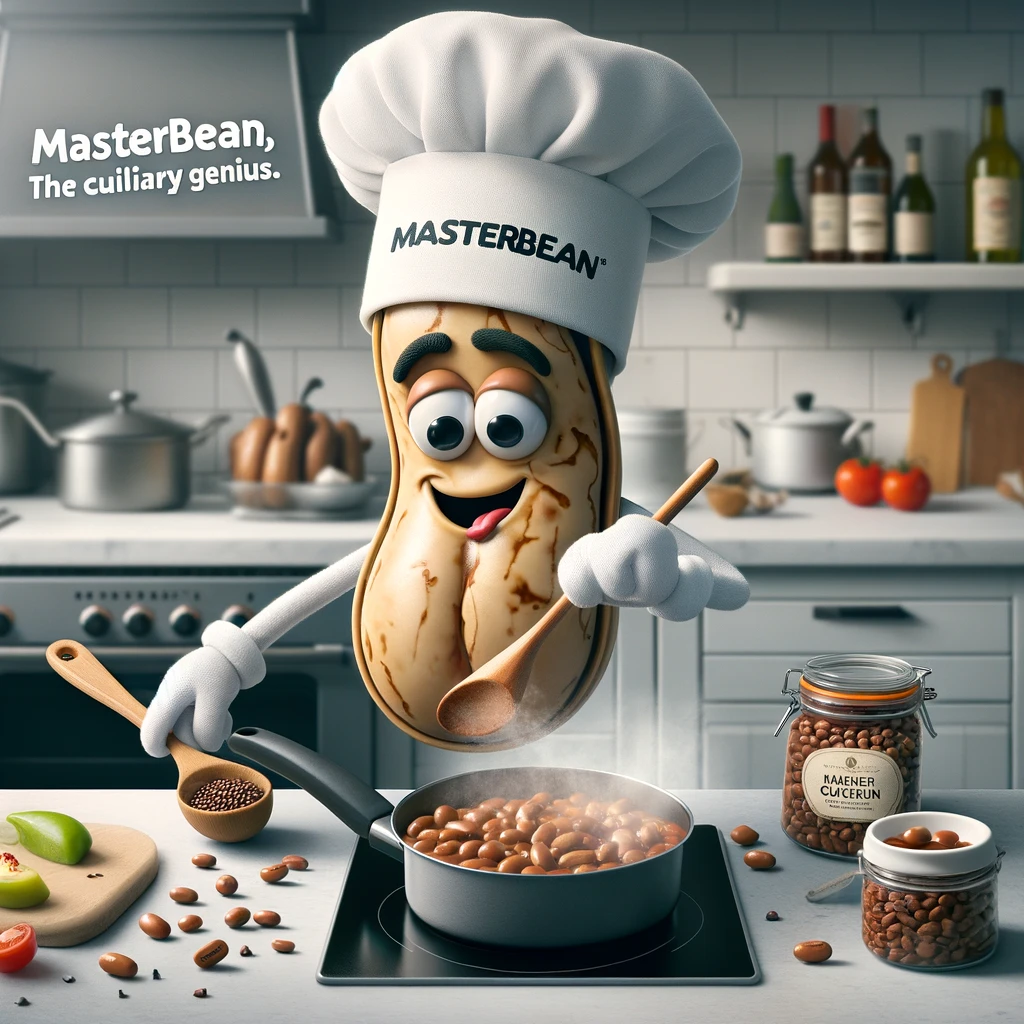 A bean with a chef's hat cooking in a kitchen, captioned 'MasterBean, the culinary genius at work.'