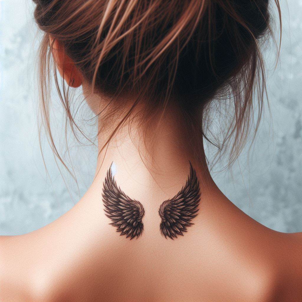 A pair of small, angel wings tattooed on the back of a woman's neck, just below the hairline. The wings should be intricately detailed with feathers, appearing as if they could flutter at any moment. This tattoo symbolizes freedom and protection, designed to be both visible and concealable depending on hairstyle.