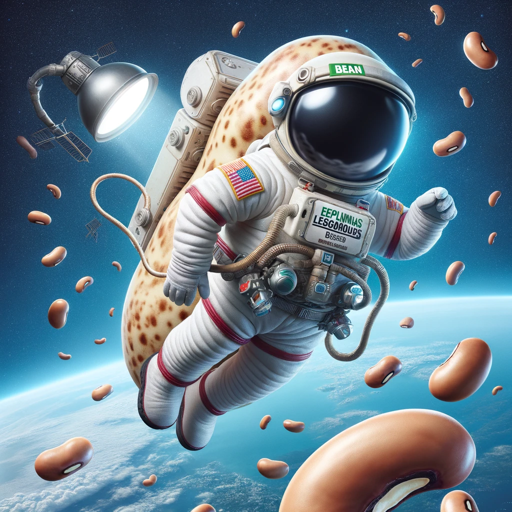 A bean in astronaut gear floating in space, captioned 'Beanstronaut: Exploring the great leguminous beyond.'