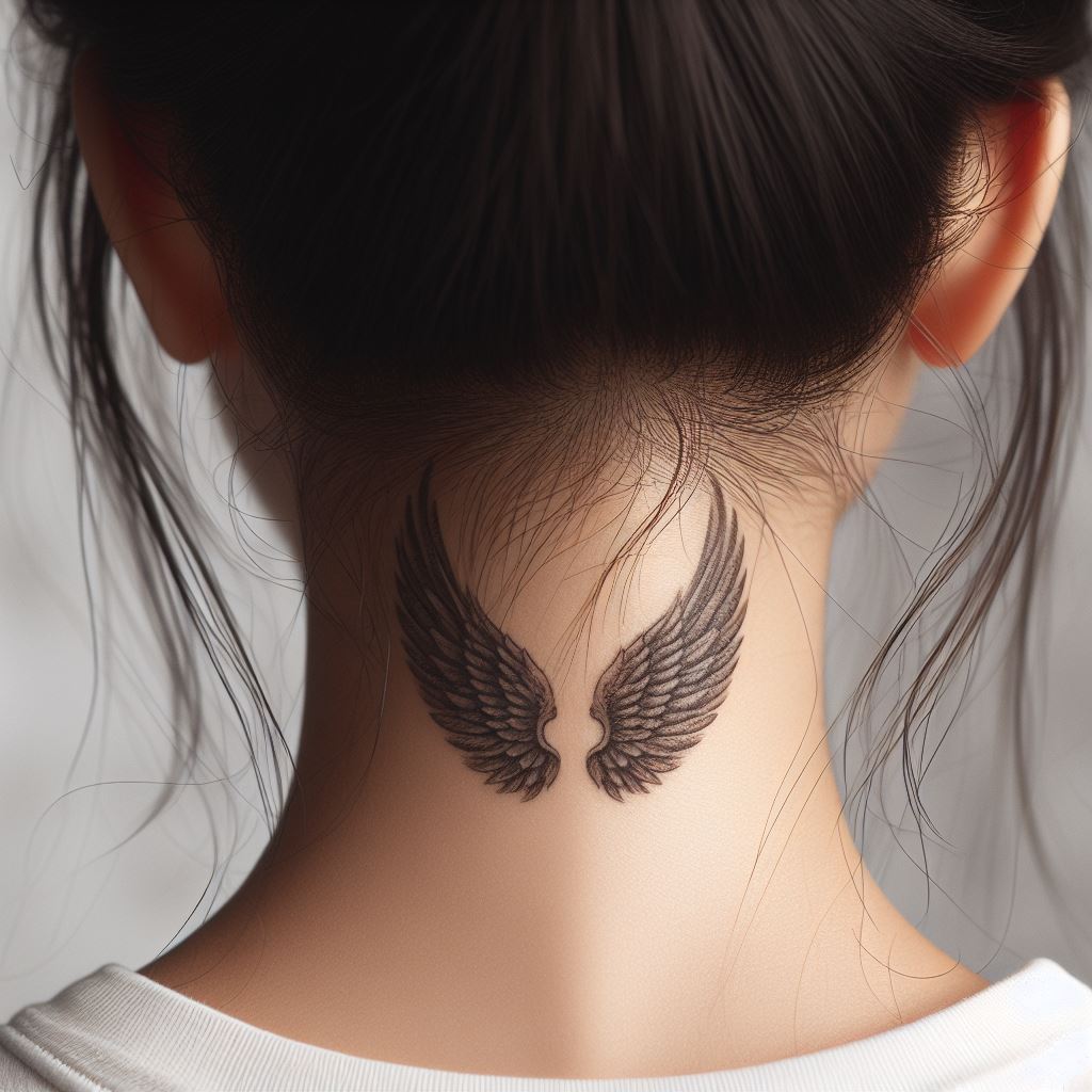 A pair of small, angel wings tattooed on the back of a woman's neck, just below the hairline. The wings should be intricately detailed with feathers, appearing as if they could flutter at any moment. This tattoo symbolizes freedom and protection, designed to be both visible and concealable depending on hairstyle.