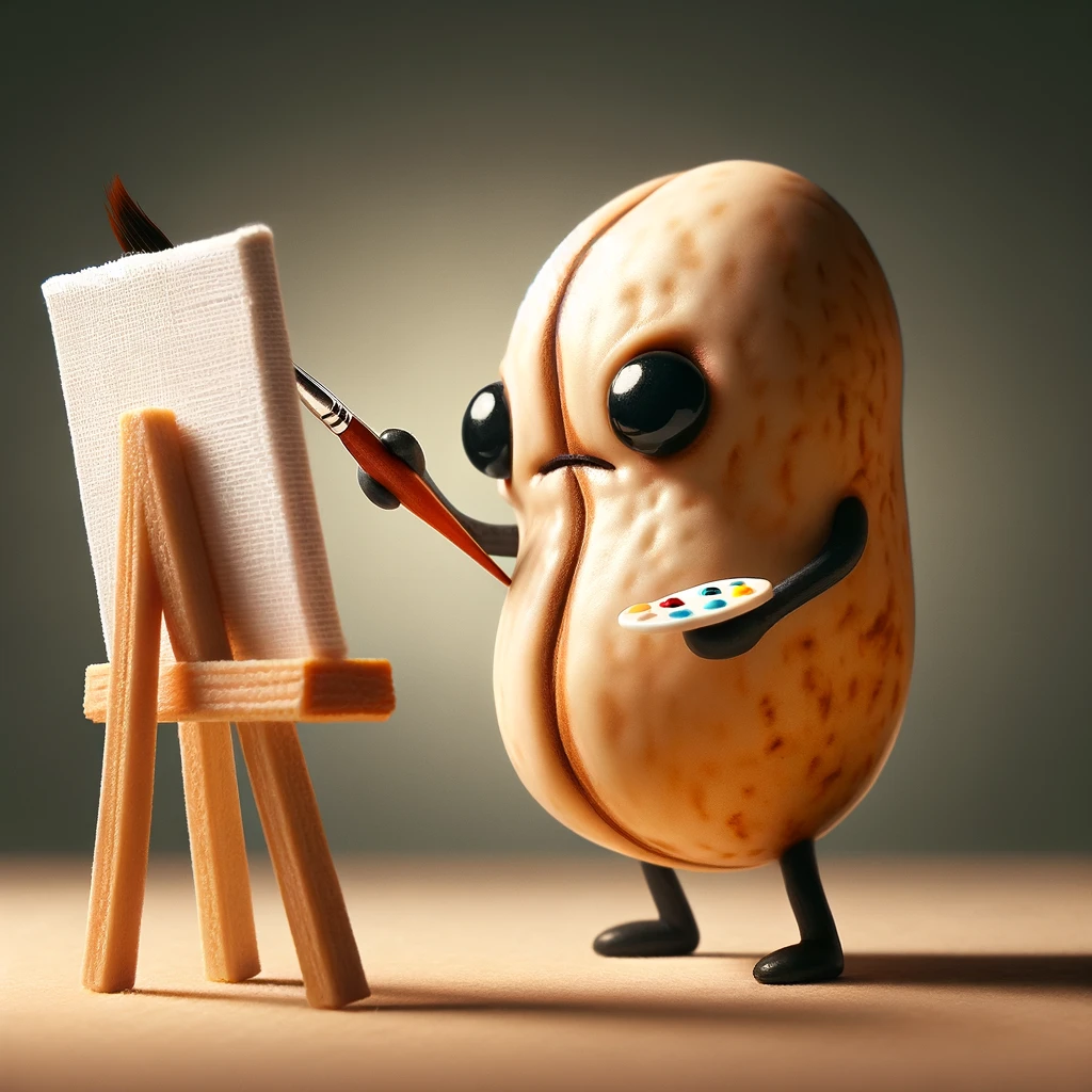 A bean holding a paintbrush in front of a canvas, deeply focused on painting, with a caption 'Artistic Bean: Capturing the essence of beanhood.'