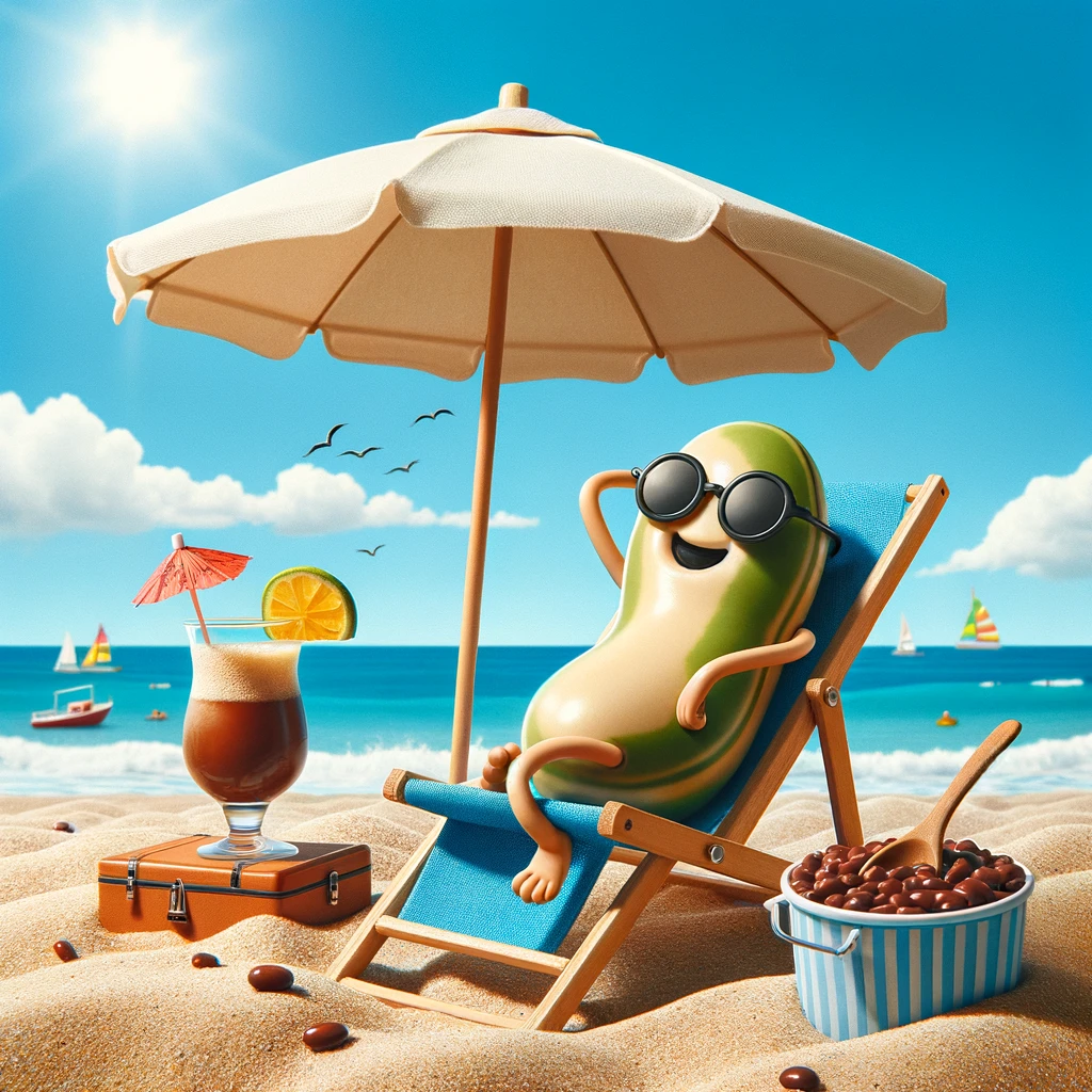 A bean relaxing on a beach under a sun umbrella, with a cool drink next to it, captioned 'Bean on vacation: Soaking up the sun and the sea.'