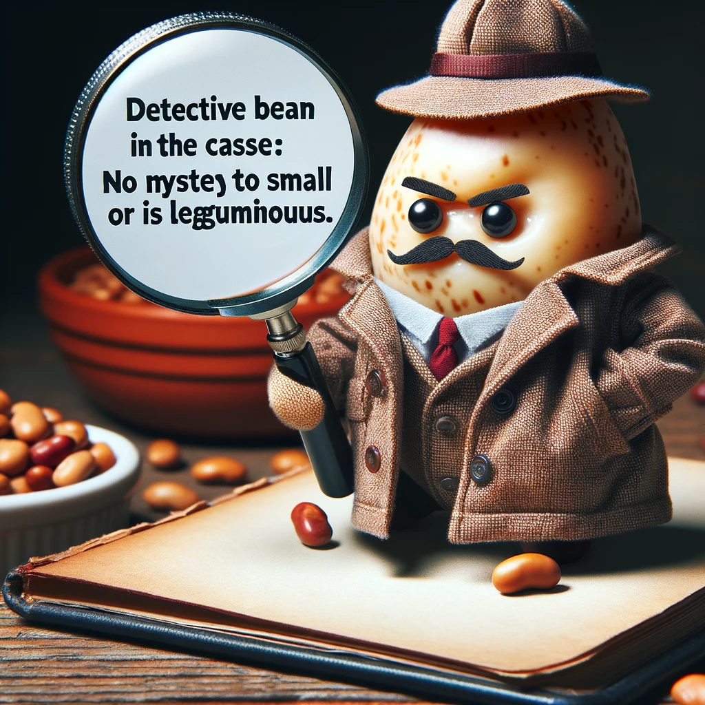 A bean dressed in a detective outfit, magnifying glass in hand, captioned 'Detective Bean on the case: No mystery too small or too leguminous.'