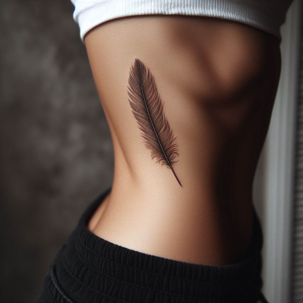 A small, single feather tattoo, inked along the side of a woman's ribcage. The feather should be detailed with fine lines, appearing soft and weightless. This tattoo symbolizes freedom, bravery, and the ability to move freely through life, positioned in a place that is both intimate and personal.