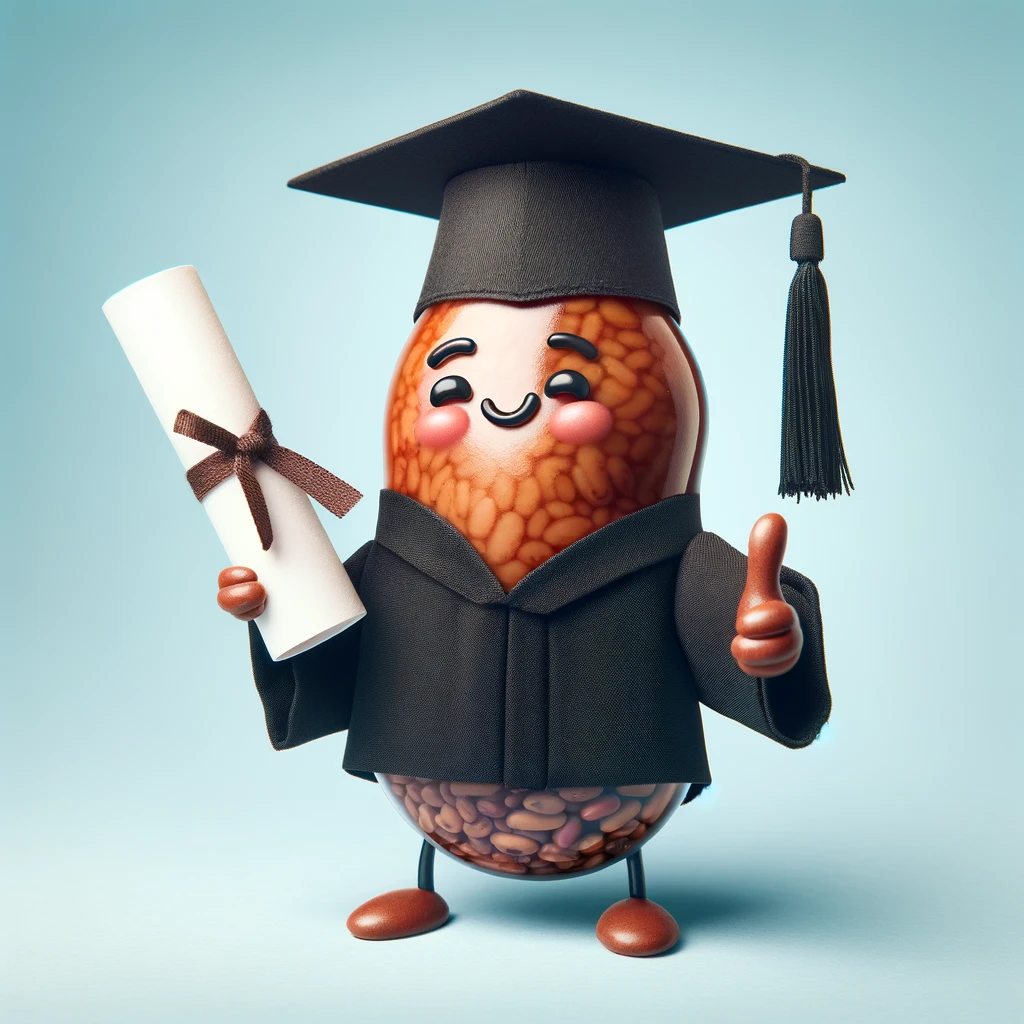A bean wearing a graduation cap and gown, holding a diploma, with the caption 'GraduBean: Ready to take on the world.'