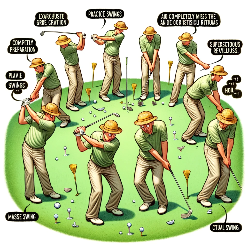 A golfer going through an absurdly long and complicated pre-shot routine, involving stretching, practice swings, and superstitious rituals, only to completely miss the ball on the actual swing. This image captures the comedic disparity between the elaborate preparation and the anticlimactic outcome, highlighting the humorous aspect of golfers who take their routines to the extreme. The golfer is shown in various stages of their routine, from confident preparation to bewildered realization, encapsulating the moment where high hopes meet the reality of skill.