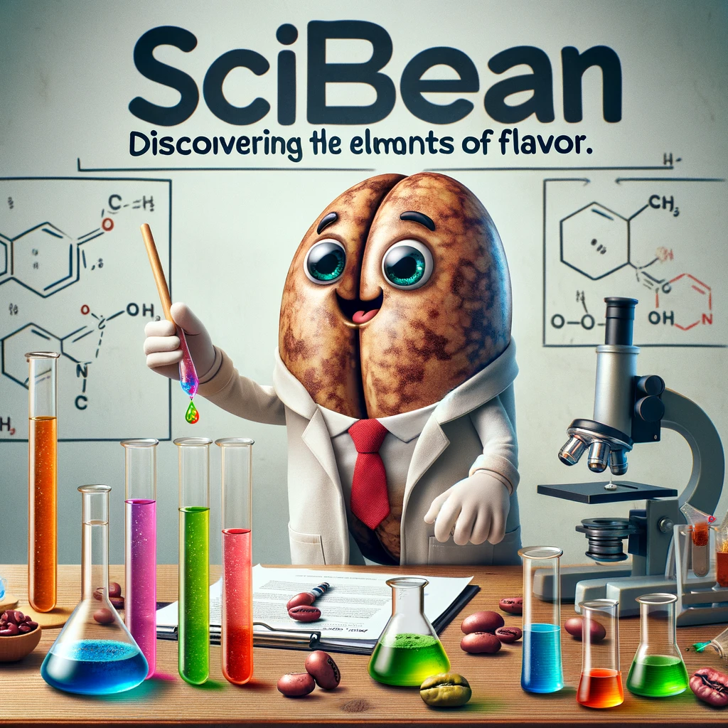 A bean in a lab coat conducting an experiment with colorful chemicals, captioned 'SciBean: Discovering the elements of flavor.'