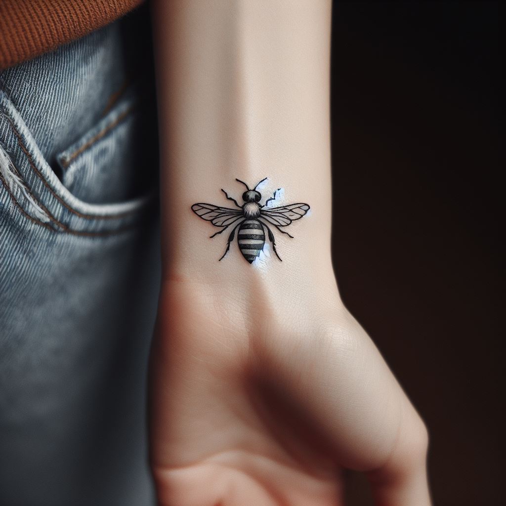 A minimalist bee tattoo, located on the outer side of a woman's wrist. The bee should be small with clear, simple lines, yet detailed enough to show its wings and striped body. This tattoo represents hard work, community, and environmental awareness, serving as a small but powerful statement piece.
