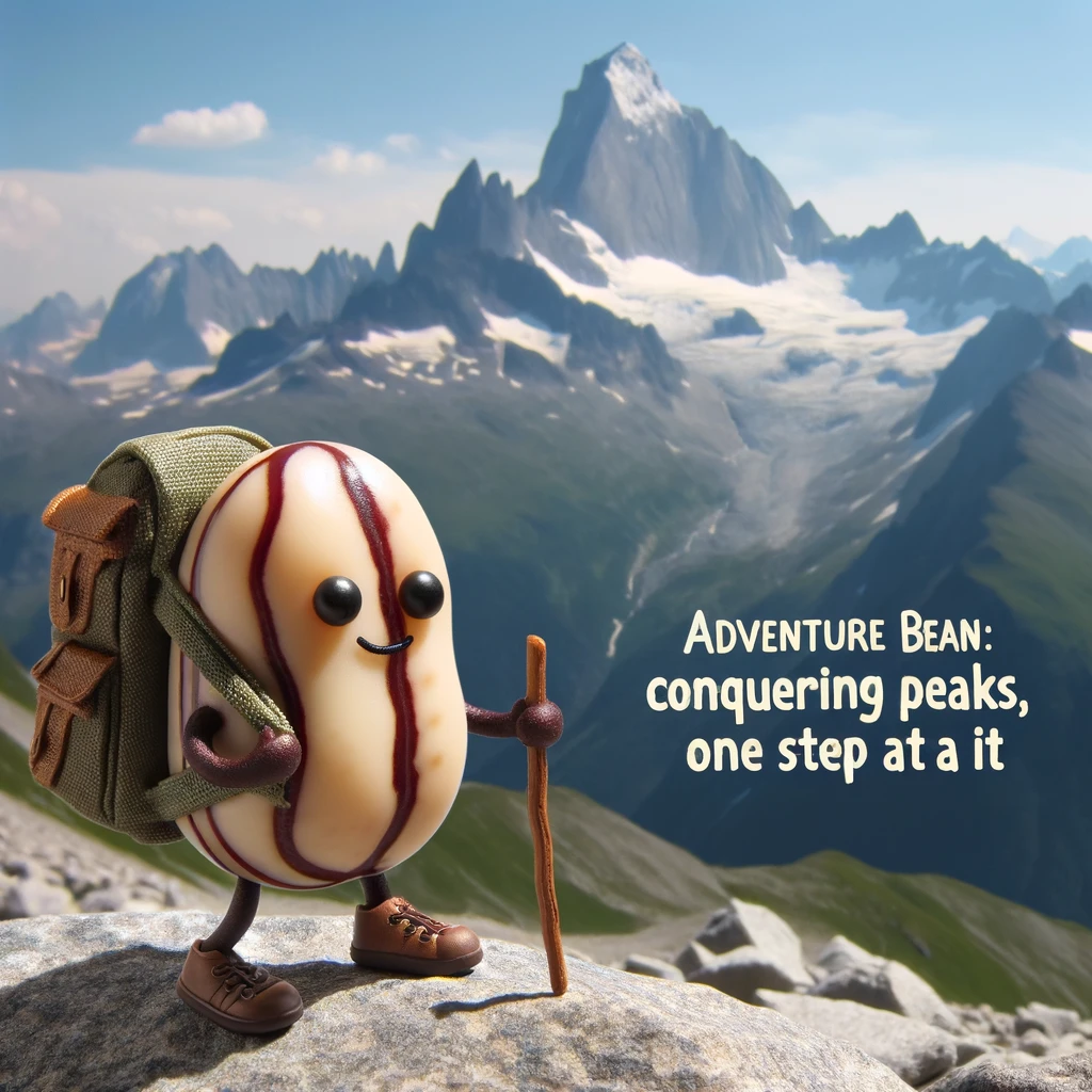A bean with a backpack hiking up a mountain, captioned 'AdventureBean: Conquering peaks, one step at a time.'