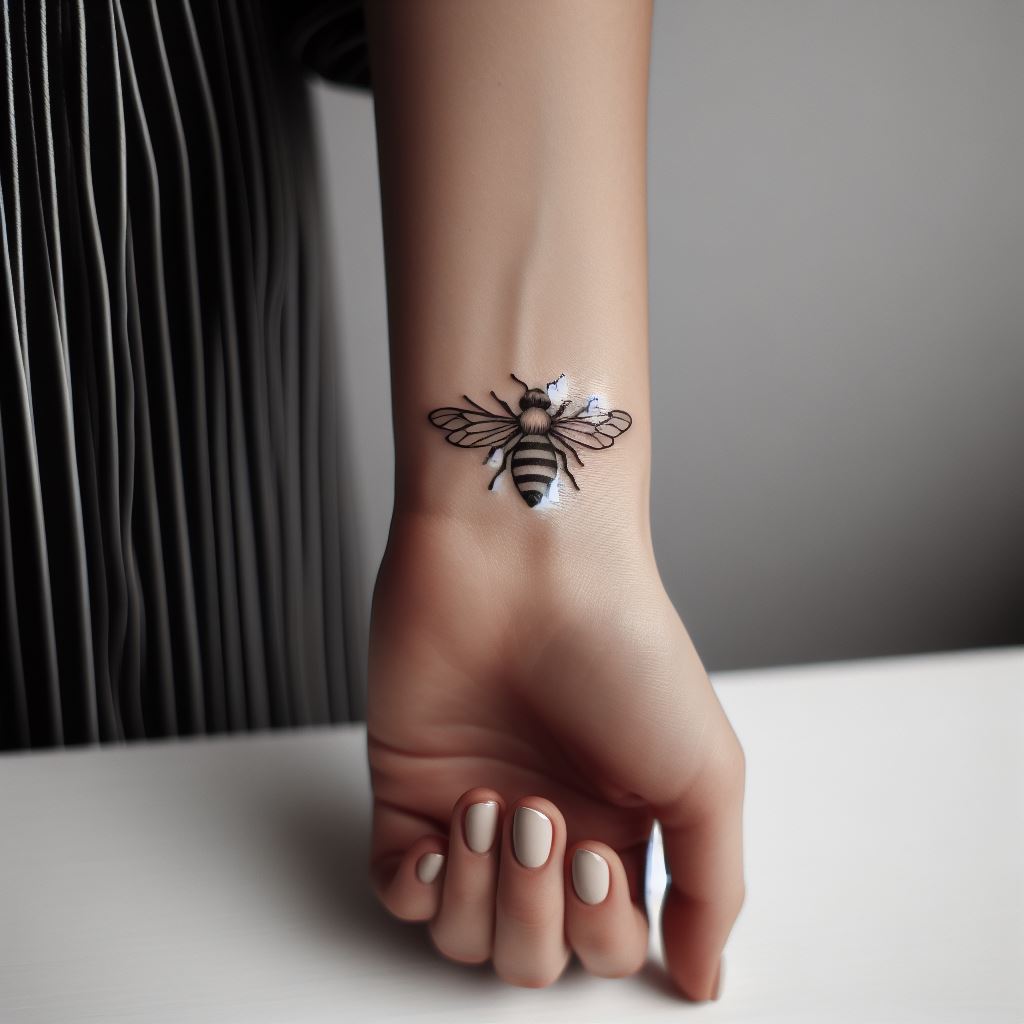 A minimalist bee tattoo, located on the outer side of a woman's wrist. The bee should be small with clear, simple lines, yet detailed enough to show its wings and striped body. This tattoo represents hard work, community, and environmental awareness, serving as a small but powerful statement piece.