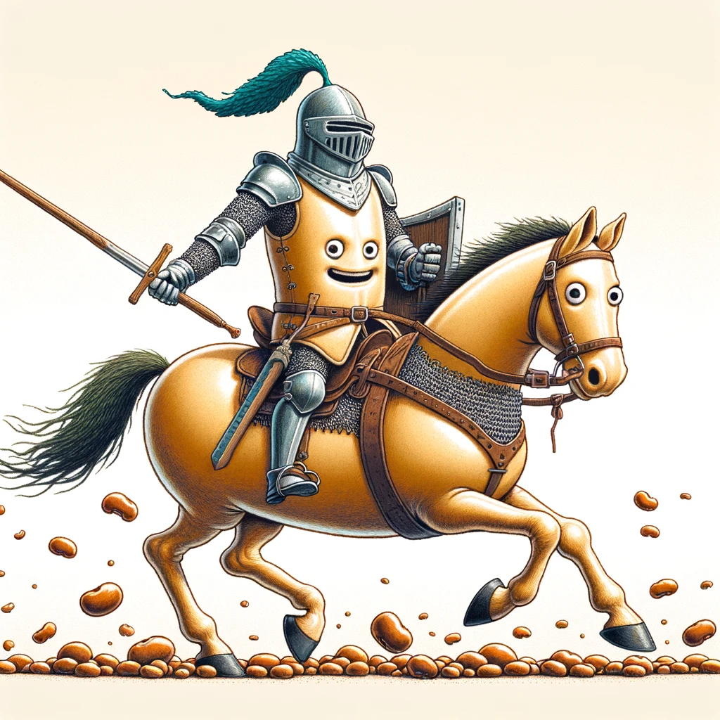 A bean in medieval armor jousting on horseback, captioned 'KnightBean: Bravery in the realm of the legumes.'
