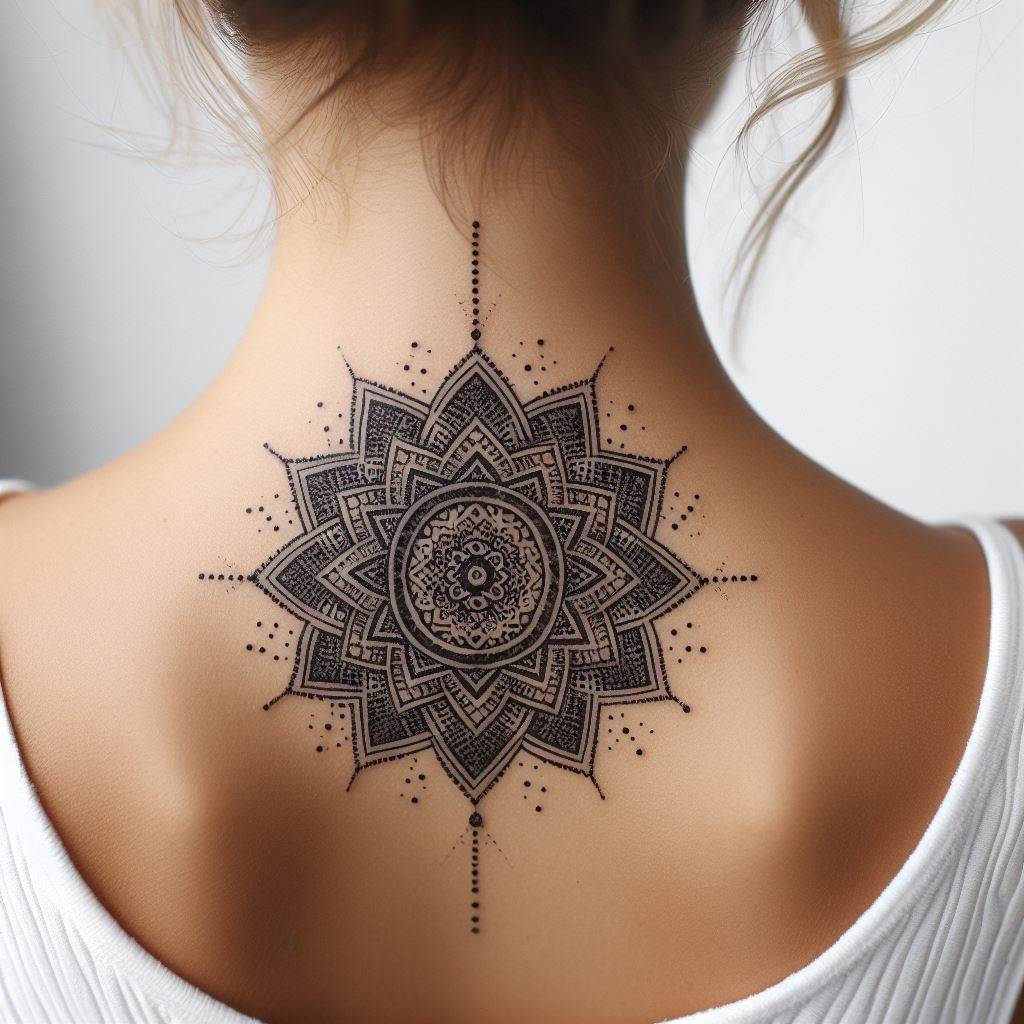 A tiny, intricate mandala tattoo, centered on the back of a woman's neck. The mandala should be composed of geometric patterns and dot work, creating a design that represents balance, eternity, and the complexities of the universe. Despite its size, the tattoo should invite closer inspection to appreciate its detailed craftsmanship.