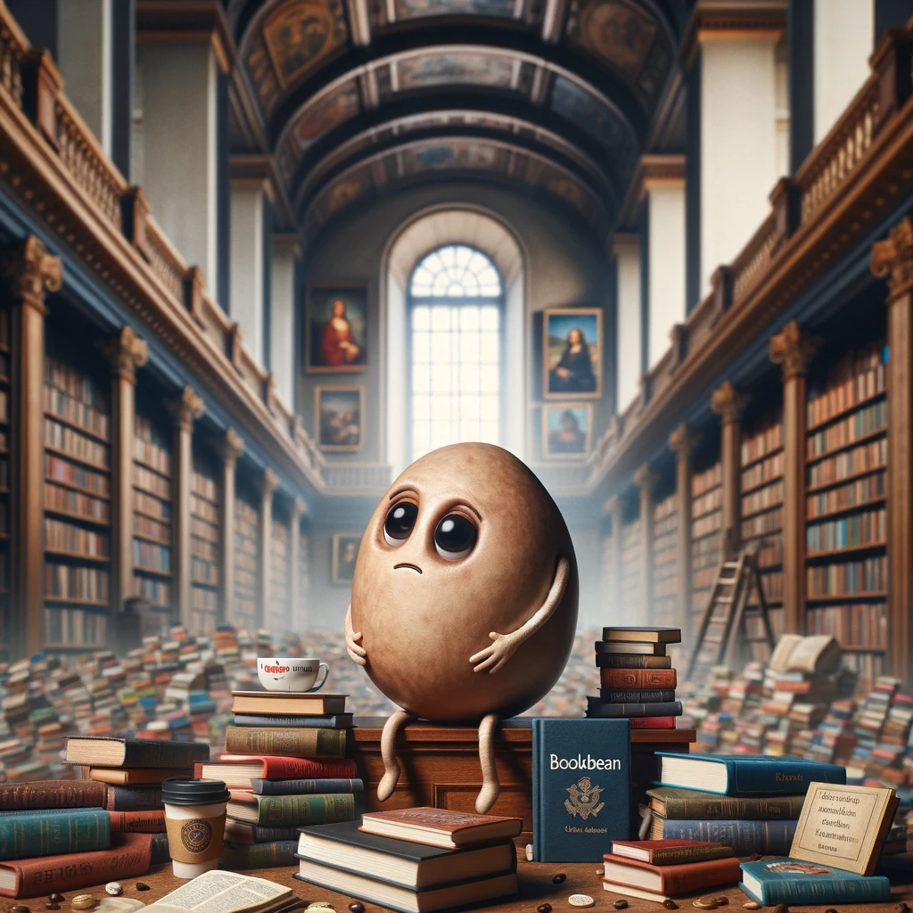 A bean sitting in a library surrounded by books, captioned 'BookBean: Lost in the world of stories and knowledge.'