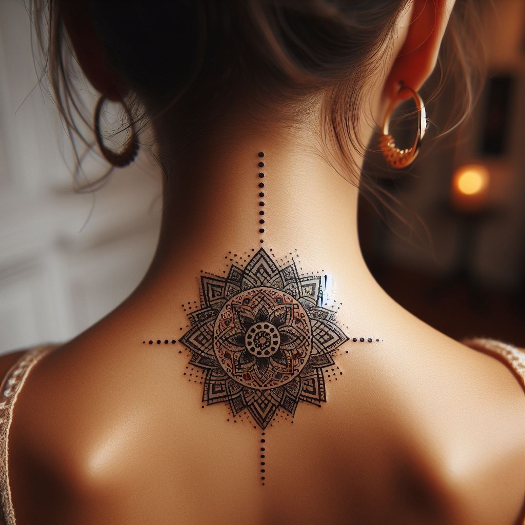 A tiny, intricate mandala tattoo, centered on the back of a woman's neck. The mandala should be composed of geometric patterns and dot work, creating a design that represents balance, eternity, and the complexities of the universe. Despite its size, the tattoo should invite closer inspection to appreciate its detailed craftsmanship.