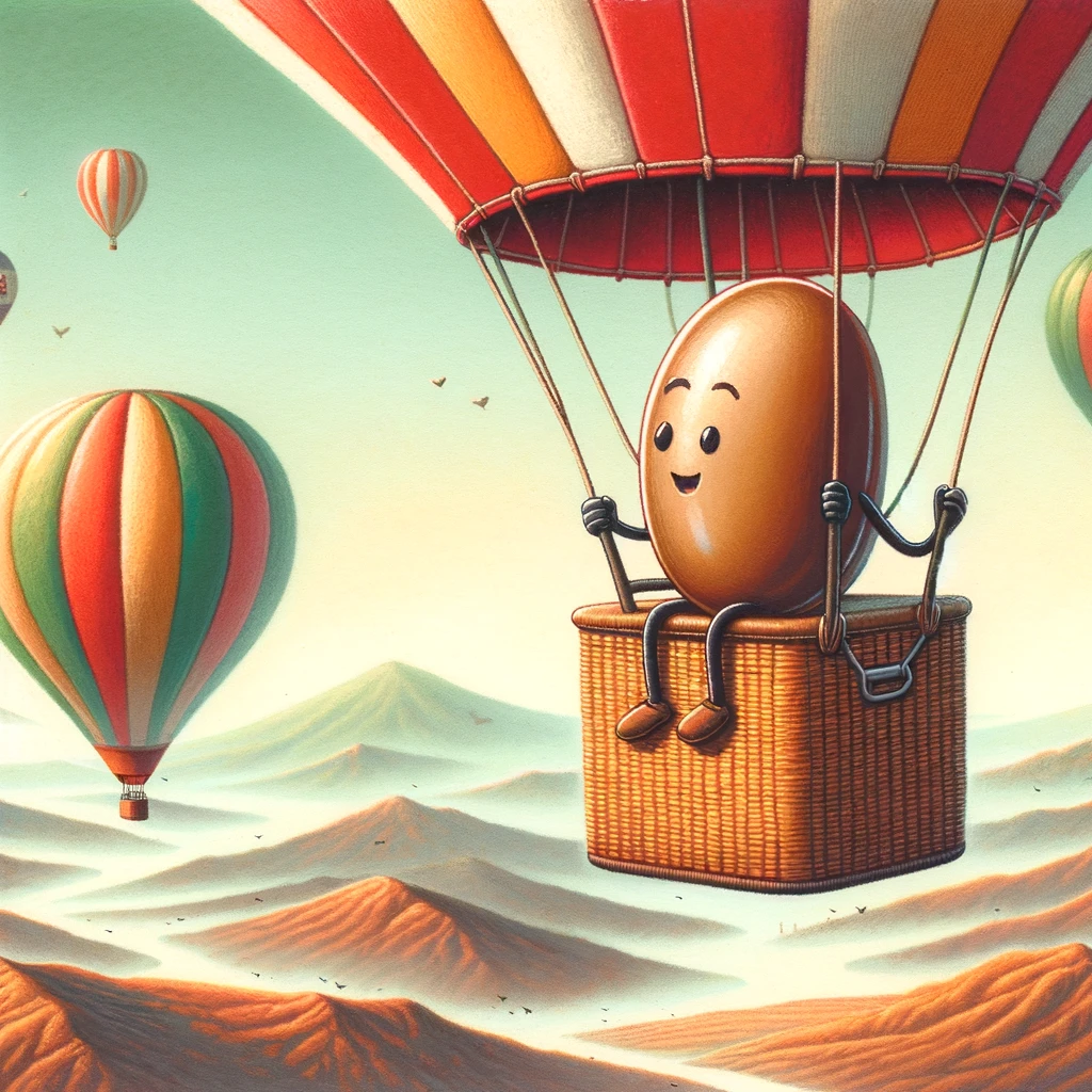 A bean piloting a hot air balloon, looking down at the landscape below, captioned 'SkyBean: Riding the winds of adventure.'