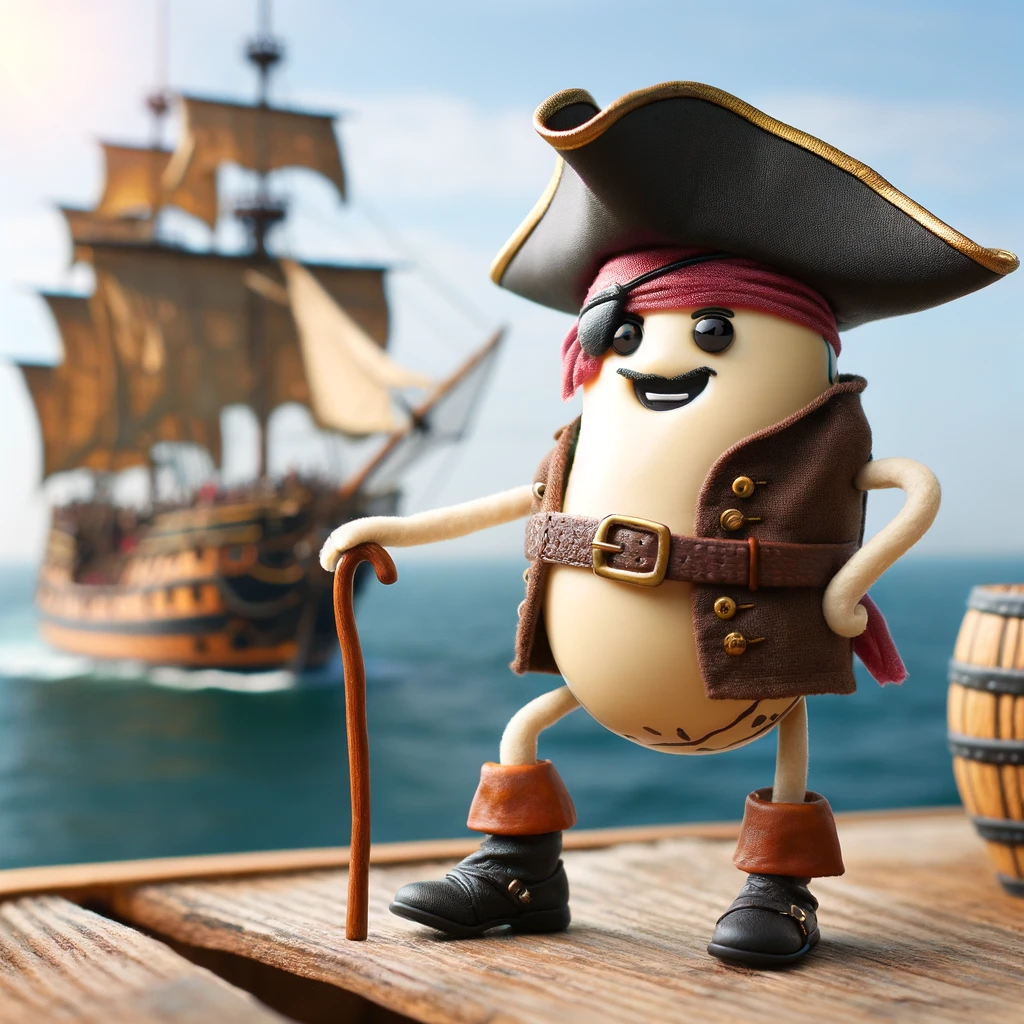 A bean dressed as a pirate with a wooden leg, standing on the deck of a ship, captioned 'PirateBean: Sailing the high seas of adventure.'