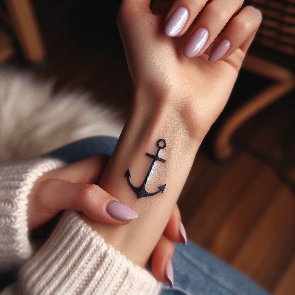 A small, elegant anchor tattoo, placed on the inside of a woman's forearm, near the wrist. The anchor should be simple yet symbolic, representing stability, hope, and a strong foundation. The design should be small enough to be subtle, yet distinct enough to convey its meaning at a glance.