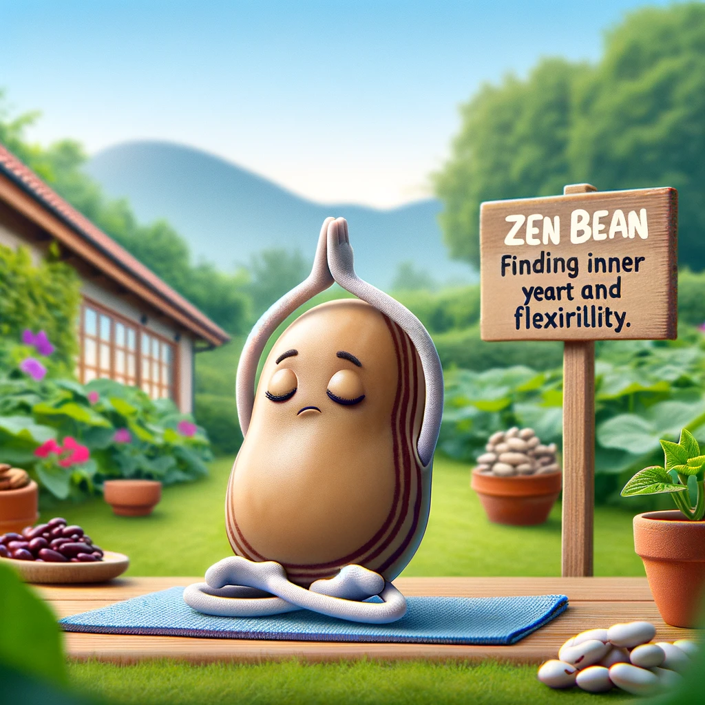 A bean doing yoga in a peaceful garden, captioned 'ZenBean: Finding inner peace and flexibility.'