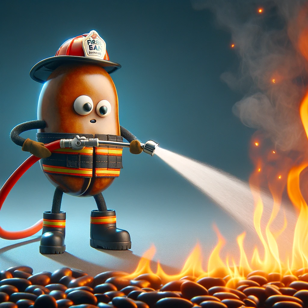 A bean dressed as a firefighter, putting out a fire with a hose, captioned 'FireBean: Braving the heat to save the day.'