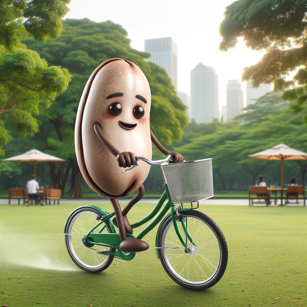 A bean riding a bicycle through a park, captioned 'EcoBean: Enjoying a sustainable ride under the open sky.'