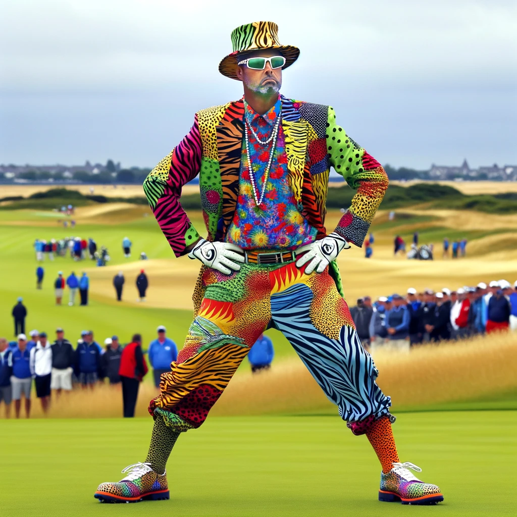 A golfer dressed in wildly clashing patterns and colors, embodying the extreme flamboyance of golf attire, standing proudly on the course. This golfer takes the dress code to an extravagant level, with a caption about bringing 'extra flair' to the fairway. The image captures the unique and often humorous fashion statements found in golf, celebrating the individuality and boldness of players who aren't afraid to stand out. The golfer's outfit is a riot of colors and patterns, making a playful statement on the traditional golf attire.