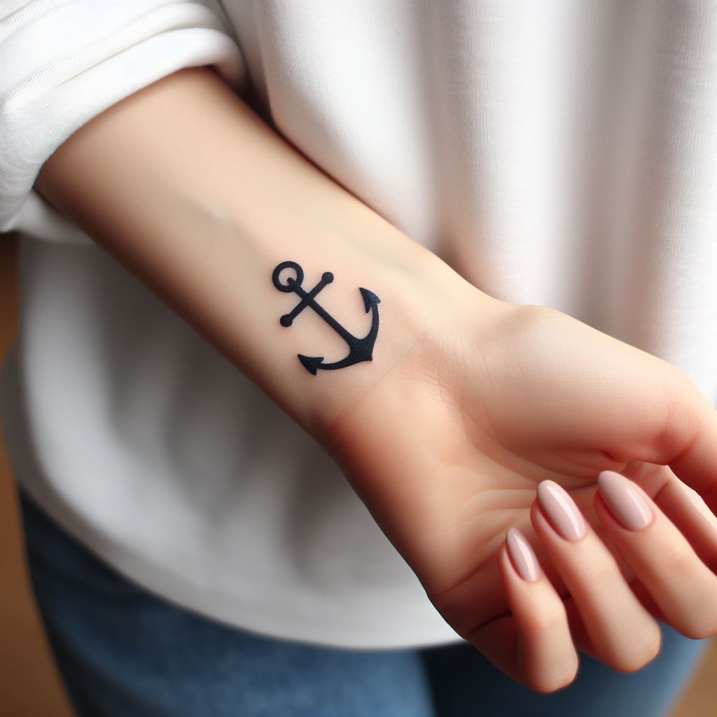 A small, elegant anchor tattoo, placed on the inside of a woman's forearm, near the wrist. The anchor should be simple yet symbolic, representing stability, hope, and a strong foundation. The design should be small enough to be subtle, yet distinct enough to convey its meaning at a glance.