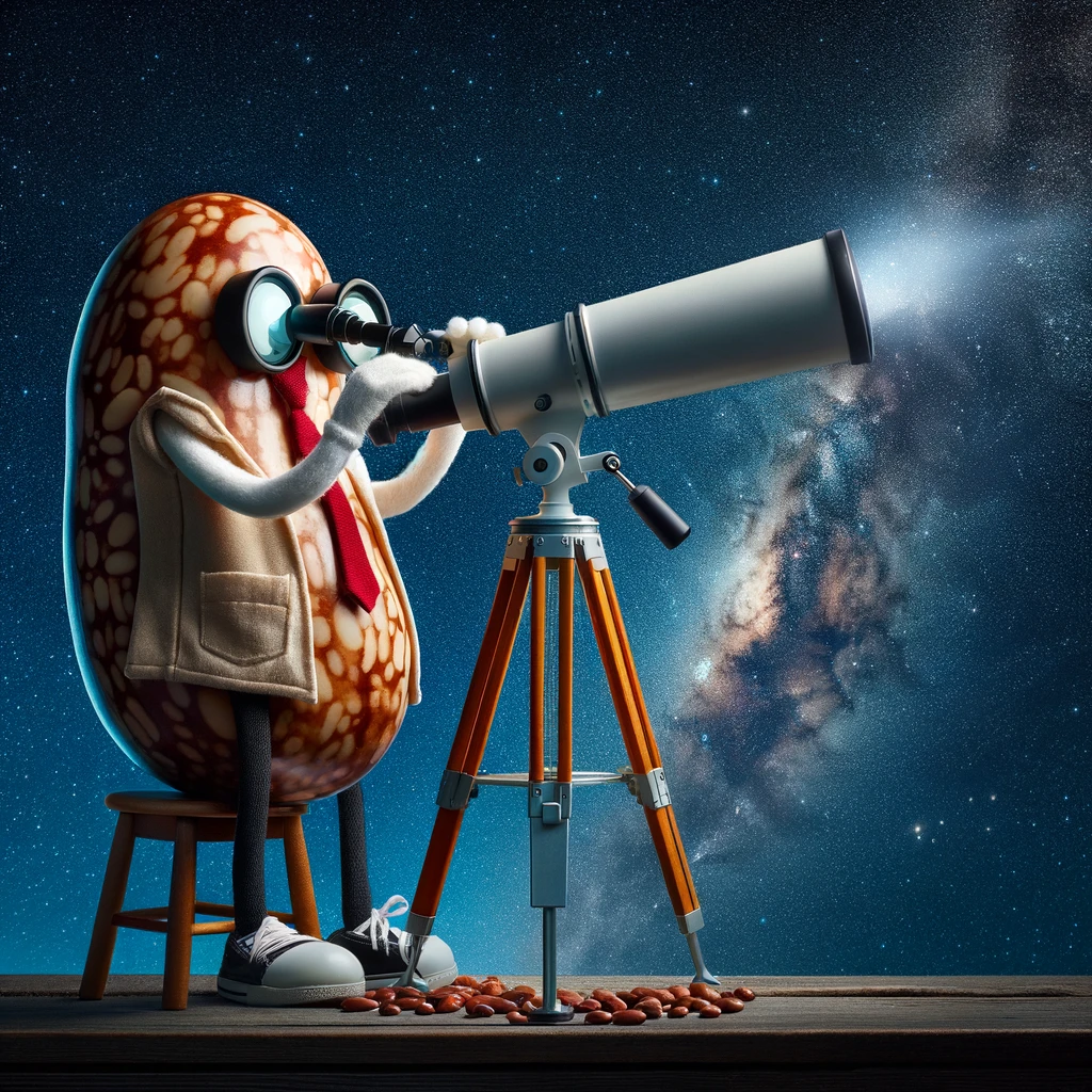 A bean operating a telescope under a starry night sky, captioned 'AstroBean: Gazing into the mysteries of the universe.'