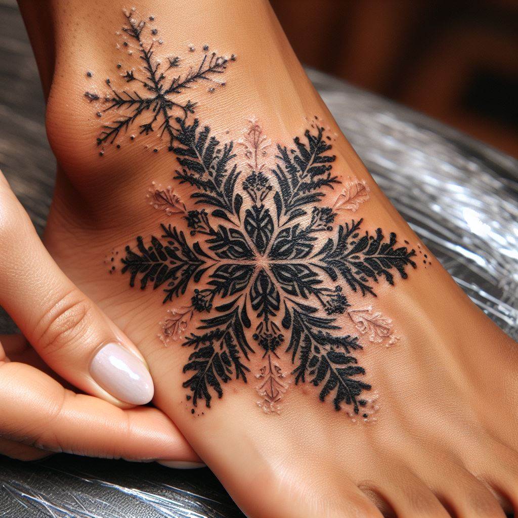 A delicate snowflake tattoo, each intricate detail crisply inked on the side of a woman's foot. The snowflake should embody uniqueness and the beauty of individuality, with each arm of the flake showing fine, symmetrical patterns. This tattoo serves as a reminder of personal identity and the elegance found in nature's fleeting creations.