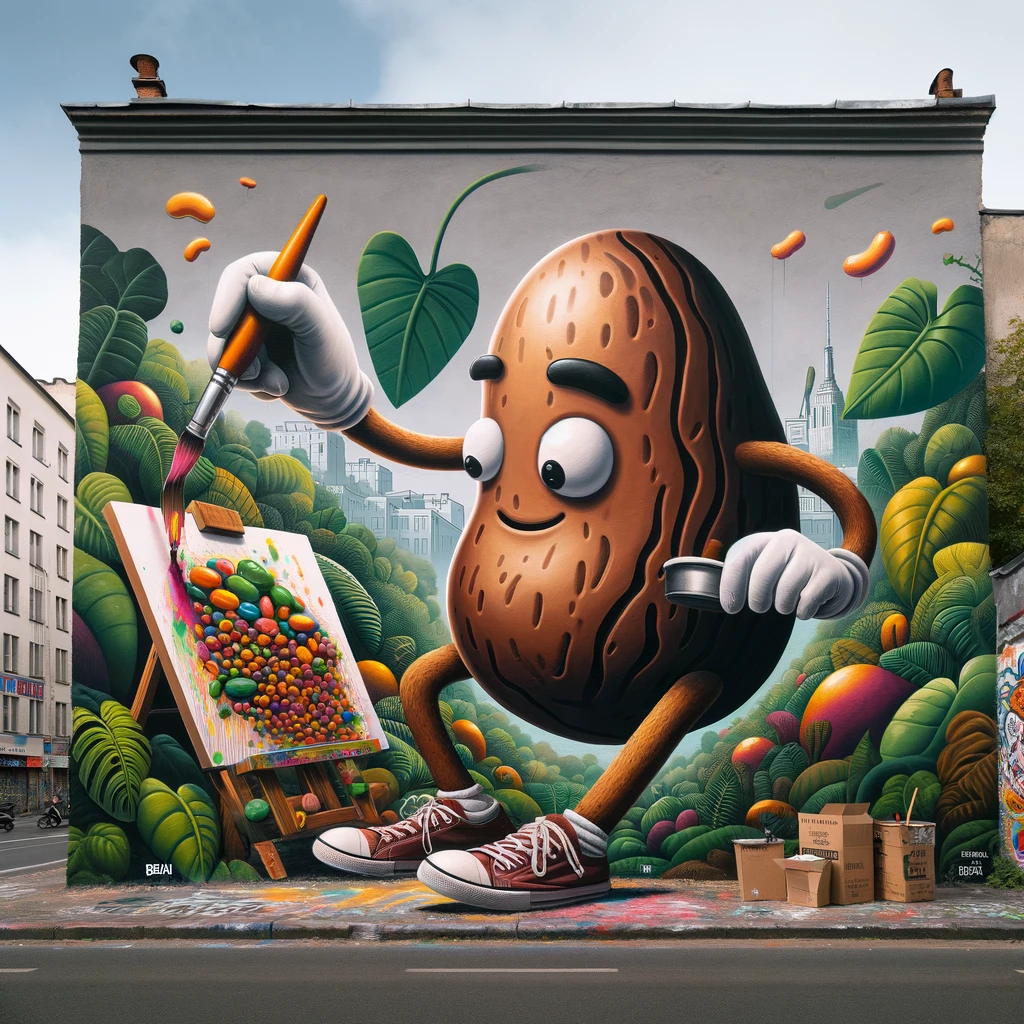 A bean painting a mural on a city wall, captioned 'StreetArtBean: Coloring the urban jungle.'